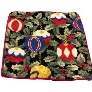 Handmade Needlepoint Christmas Pillow Cover with Ornament Design Red Velvet Back